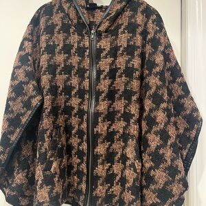 Brown and Black Hooded Houndstooth Zippered Cape